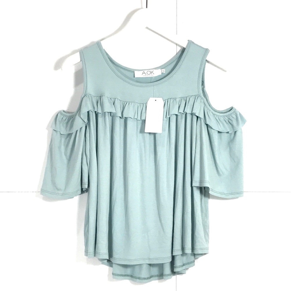 New A.OK Open Shoulder Knit Top Ruffle Detail in Blue Mint  sz M